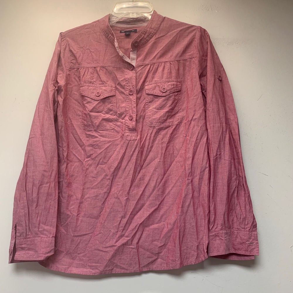 Gap Popover Blouse Womens S Red Excellent Cotton Roll Tab Sleeve Mandarin Collar